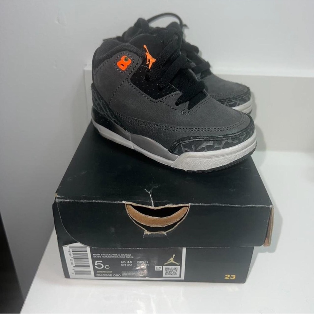 Jordan Kids Black and Gray Sneakers with Orange Accents